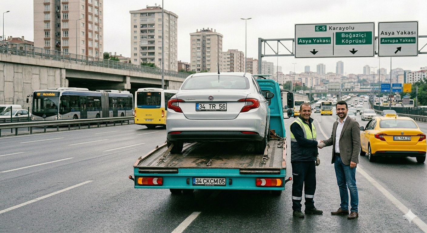 Gece otoyolunda turkuaz ışıklı çekici